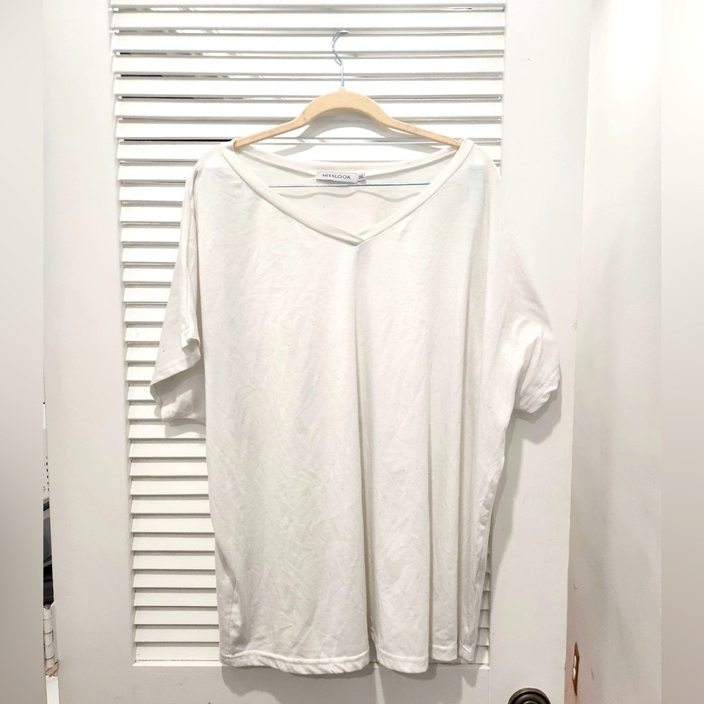 Misslook White V-Neck Short Sleeved T-Shirt 3X